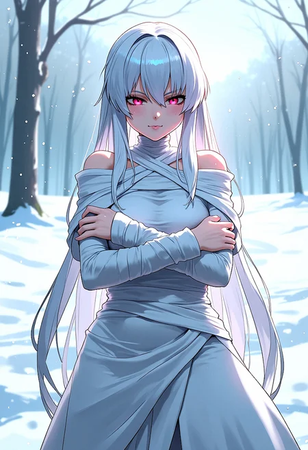 Eerie anime girl wrapped in white: A pale anime girl with long silver hair, wrapped in white bandages, one glowing red eye visible, standing in a stark white environment.Soft, Diffuse Backlighting, Gentle light from behind to create a halo effect.Extremely sharp background detail, Snowy Landscape, A quiet, snow-covered field with soft, falling snowflakes and stron adding to the ghostly, serene atmosphere.Standing with arms wrapped around herself, The character stands, hugging herself gently with a melancholic expression.