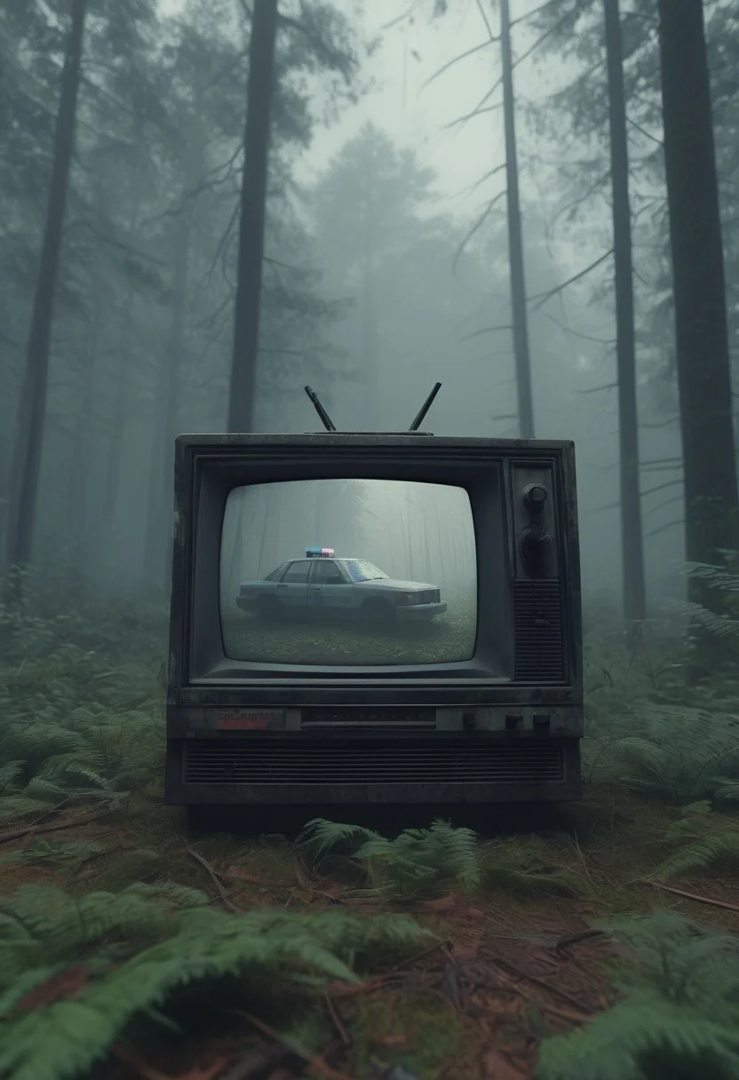 Static-filled CRT TV screen in a foggy forest, distorted face screaming silently, abandoned police car with doors ripped off, looping siren sound almost visible in the air, VHS tape artifacts, 1990s low-poly horror aesthetic