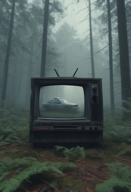 Static-filled CRT TV screen in a foggy forest, distorted face screaming silently, abandoned police car with doors ripped off, looping siren sound almost visible in the air, VHS tape artifacts, 1990s low-poly horror aesthetic