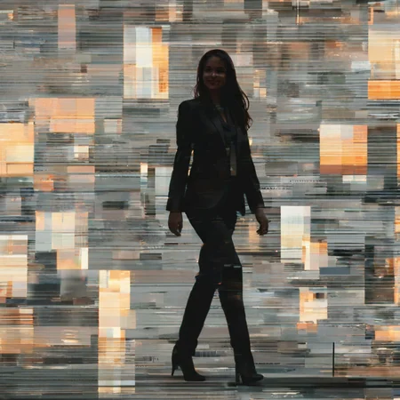 one smiling woman, trippy, lsd-art, acid-art, black office suit, walking on the sidewalk, unreal, black liquid, modern city, midday sun, sun reflections <lora:sd_xl_offset_example-lora_1.0:-0.75> <lora:Projext_X2:-1.0>