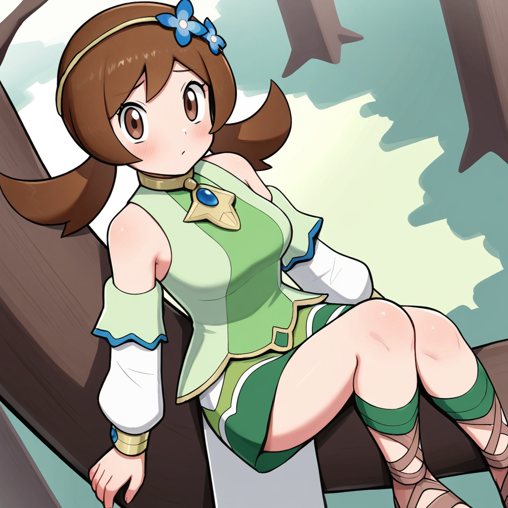 2d, masterpiece, best quality, amazing quality, highres, absurdres, newest, 1girl, solo, sitting, on branch, forest, from above, dutch angle, looking at viewer, medium breasts,  syglyra, brown eyes, brown hair, bangs, low twintails, hairband, hair flower, choker, blue gemstone, detached sleeves, bare shoulders, long sleeves, green shirt, green skirt, gladiator sandals, brown footwear, green footwear