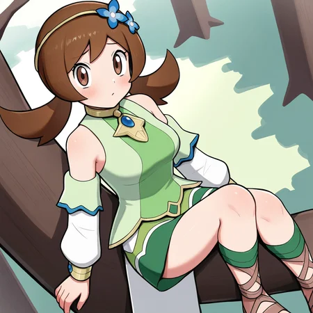 2d, masterpiece, best quality, amazing quality, highres, absurdres, newest, 1girl, solo, sitting, on branch, forest, from above, dutch angle, looking at viewer, medium breasts, syglyra, brown eyes, brown hair, bangs, low twintails, hairband, hair flower, choker, blue gemstone, detached sleeves, bare shoulders, long sleeves, green shirt, green skirt, gladiator sandals, brown footwear, green footwear