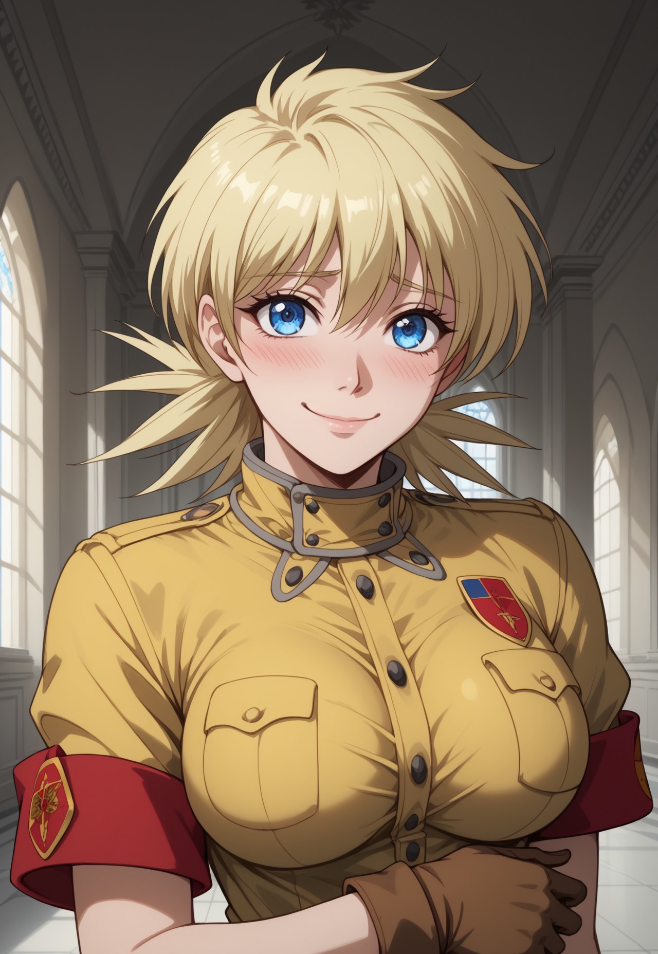 safe_pos, score_9, score_8_up, score_7_up, masterpiece, best quality, very aesthetic, SerasVictoria, 1girl, solo, female focus, blonde hair, short hair, blue eyes, large breasts, yellow shirt, red armband, brown gloves, blushing, shy, smile, portrait, perspective, mansion, indoors