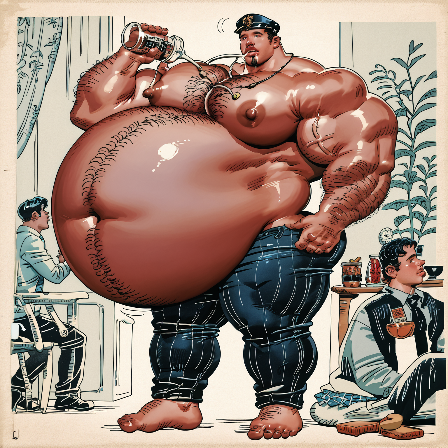 score_9, score_8_up, score_7_up, warren_davis, male, ((gigantic belly, hyper fat)), belly expansion,barefoot, hyper biceps, hairy, huge pecs, muscular legs <lora:Warren_Davis_mix_v2:1>, huge nipples,