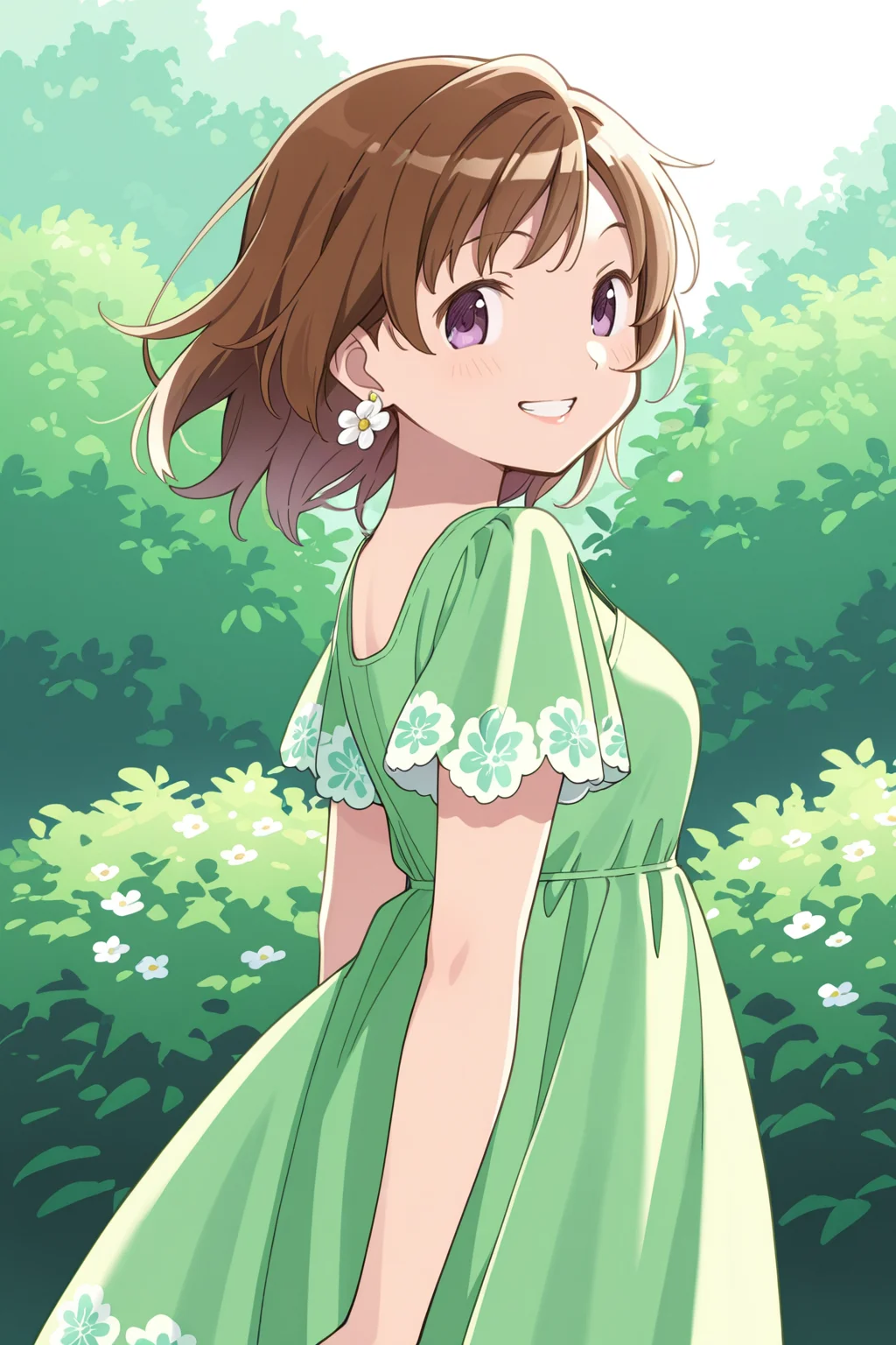 <lora:PuellaMagi:1>, PuellaMagi, 1girl, dress, solo, flower, looking at viewer, smile, green dress, grin, white flower, outdoors, from side, cowboy shot, flower earrings, floral print, lips, looking back, standing, bush