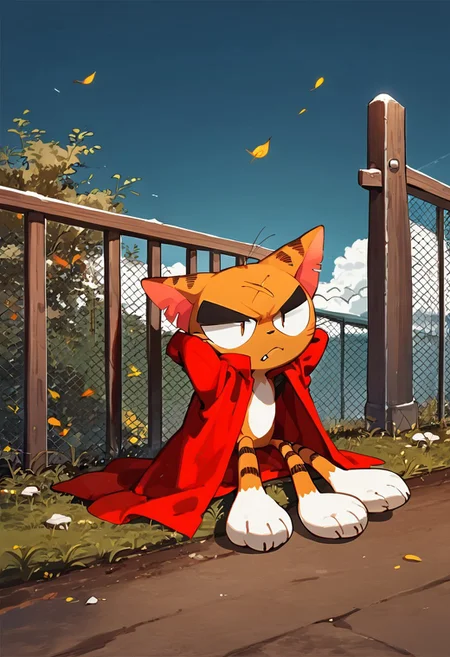 matatabi_ckc, solo, furry male, furry, looking away, orange fur, red cape, eyepatch, male, cat, scar, bored, narrowed eyes, half closed eyes, closed mouth, arms behind head, looking at viewer, sitting, next to fence, fangs, 1 eye, eye, backward, fence, (((score_9, score_8, score_7, high quality, high detail, detailed face, good anatomy, full body)))