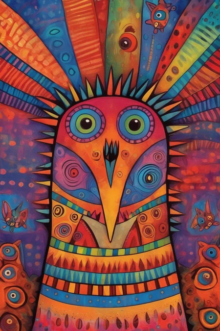 <lora:Laurel Burch Style:1>Laurel Burch Style - create image of a Crazy colorful rare creature in the style of Laurel Burch