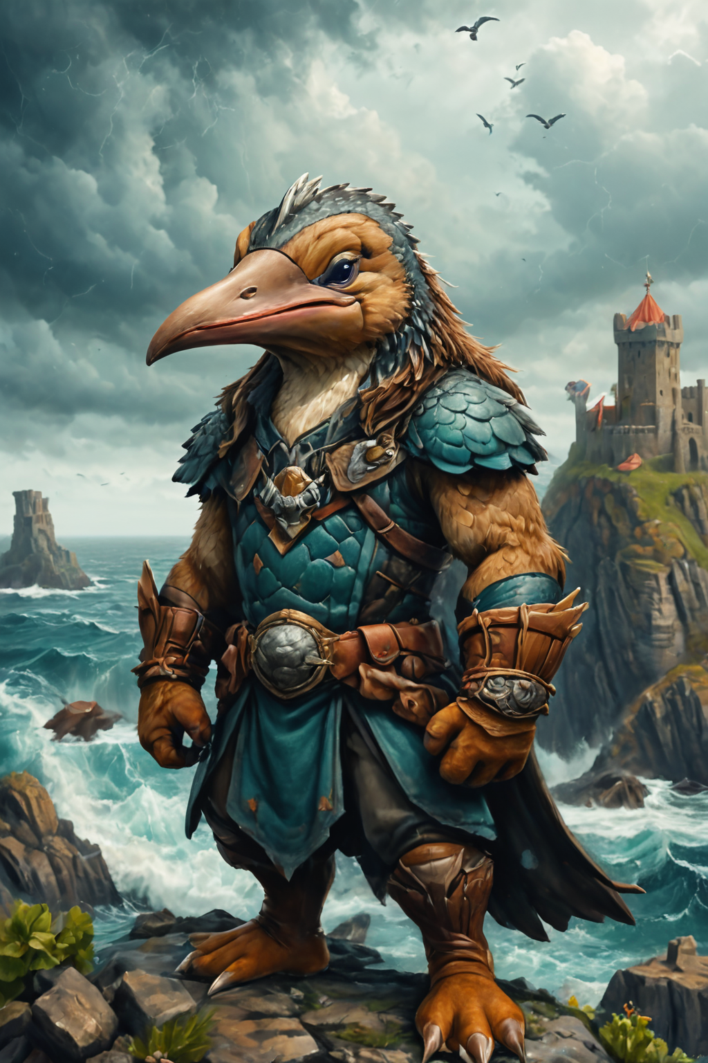 Detailed digital portrait of an anthro Platypus at a Cliffside fortress overlooking stormy seas, <lora:xl_more_art-full_v1:0.5>,  <lora:The_Crazy_Style:0.7> <lora:anthro_muscular:0.7>