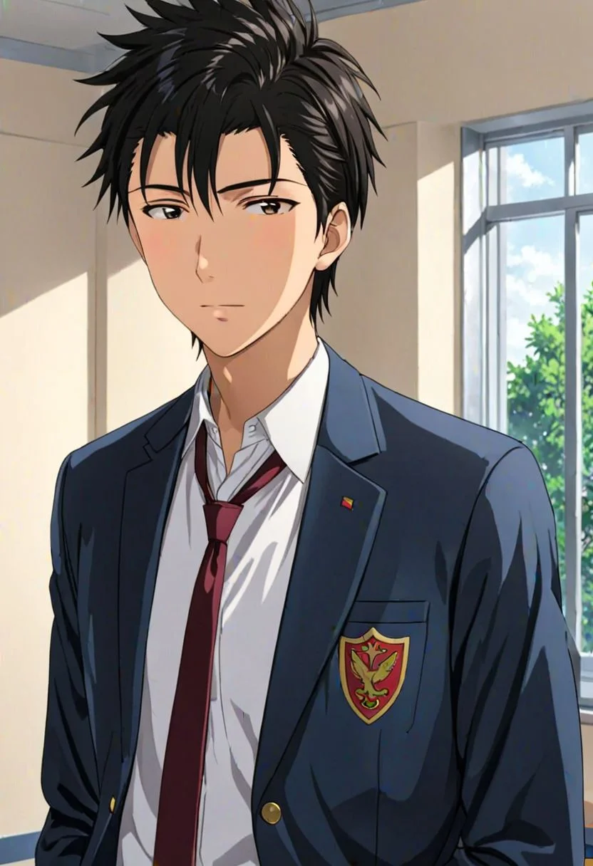 Highres, Masterpiece, High Quality, 4K, Soujiro Agata, 1boy, solo, black hair, school uniform, school, Realistic Light, candid photo