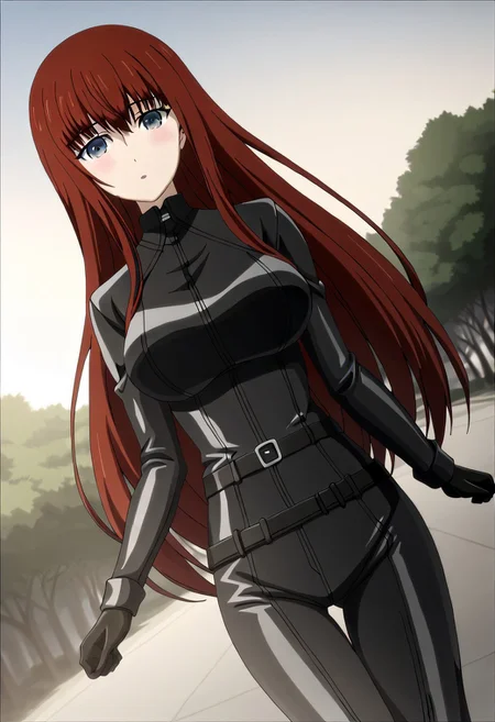 Ultra-high-detailed Anime illustration of Kagari Shiina. The artwork features Kagari in a solo, standing position with a outdoors, street background. 
She is depicted with intricate details showcasing her big breasts, natural breasts. She is a white skinned, 22 years old woman. Kagari is looking at viewer with perfect eyes, Her pupils are highly detailed. The eyes are open. grey eyes. Kagari's eyes are highlighted. Highlighted eyevrows. 
She has long hair, red colored hair, styled in floating hair with bangs.
She is wearing a motorcycle suit, black motorcycle suit, full body motorcycle suit with black gloves, black belt and black shoes. 
The artistic style is intricate_details_xl with a focus on Anime artstyle. The color palette emphasizes red and black with detailed strokes to bring out the character's features. The lighting creates dramatic shadows and highlights, adding depth to the artwork. The perspective is from a face focus, dutch angle to enhance the impact of the character's expression. This masterpiece is a true portrayal of Kagari's complex personality and will captivate any fan of Kagari. Kagari Shiina