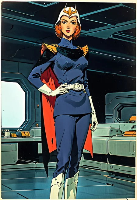 FGKycilia, 1girl, orange hair, no ears, black eyes, lipstick, solo, looking at viewer, military uniform, long sleeves, belt, cape, white gloves, pants, knee boots, helmet, sword on hip, spaceship interior,