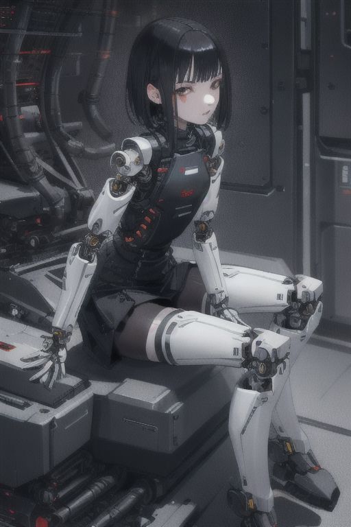 1girl, sanakan, safeguard, silicon life, best quality, (highly detailed face:1.5), small breasts, short  dark hair, thin lips,  emotionless, (full body:1.2), (mechanical parts, cables:1.2),  short  dark skirt, dark vest, white legs, white hands, white skin, sitting