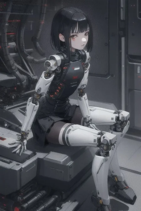1girl, sanakan, safeguard, silicon life, best quality, (highly detailed face:1.5), small breasts, short dark hair, thin lips, emotionless, (full body:1.2), (mechanical parts, cables:1.2), short dark skirt, dark vest, white legs, white hands, white skin, sitting