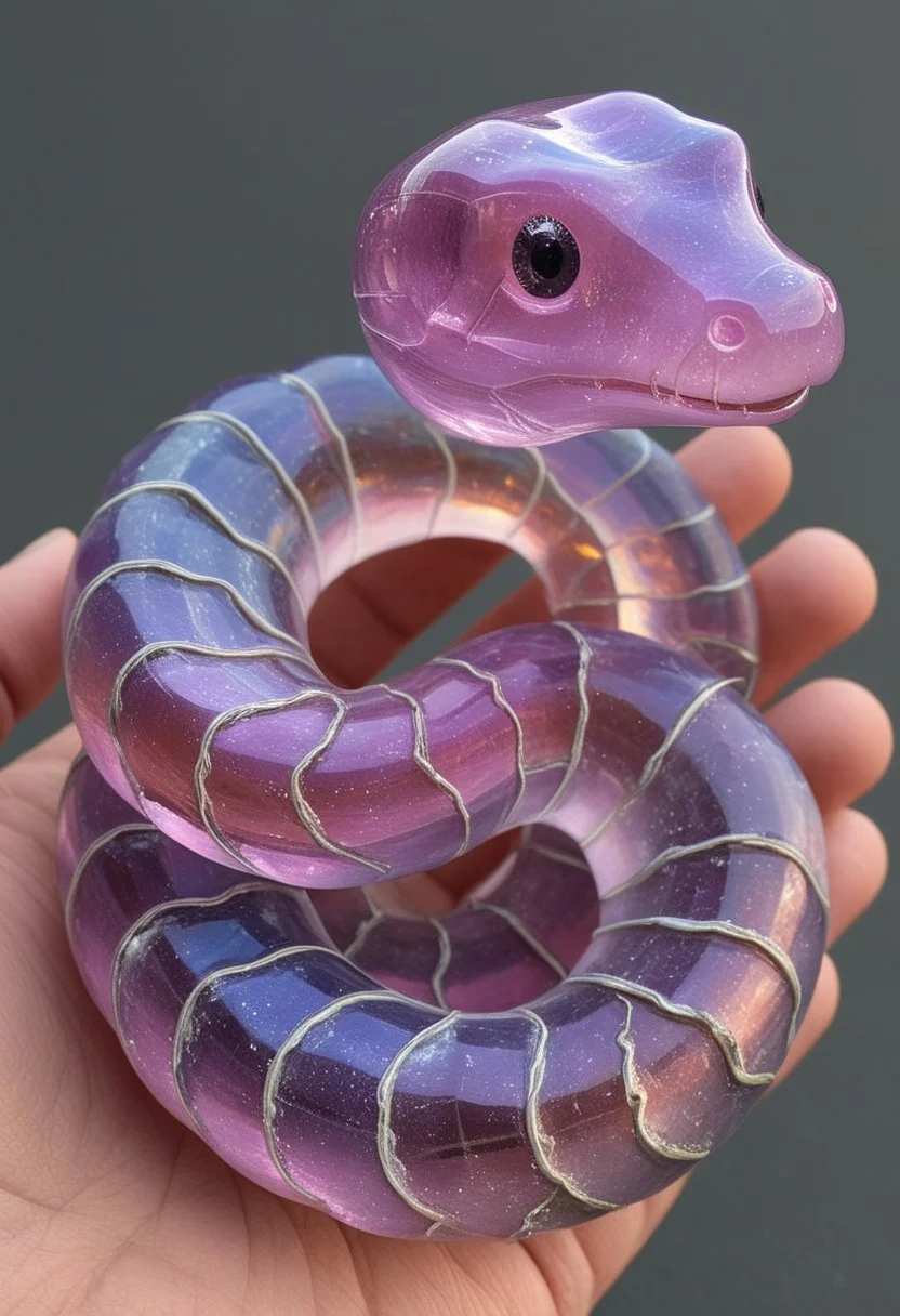 a cute chibby iridiscent snake made out of fluorite mineral, flu0rite