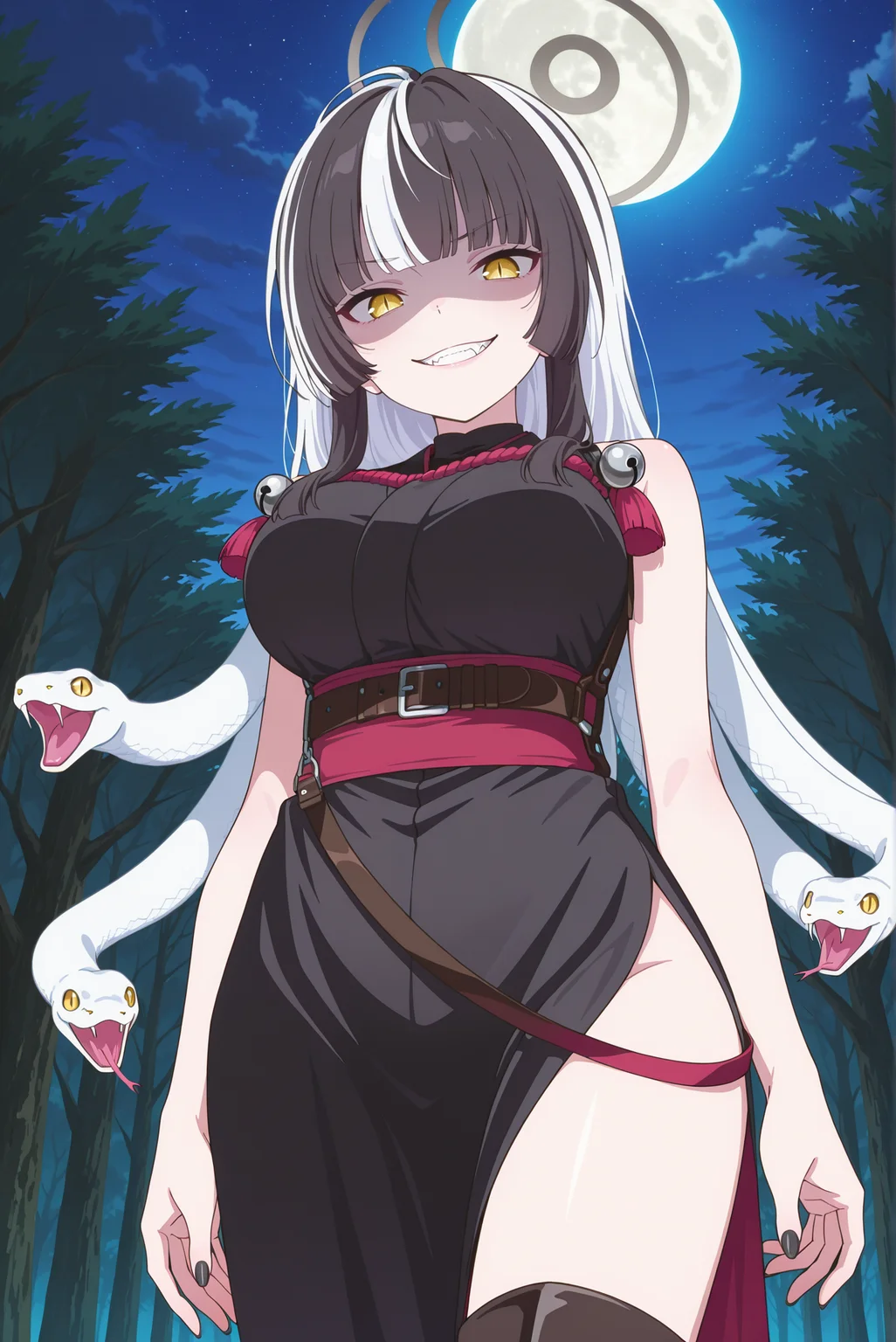 masterpiece, best quality, anime, 2d, 1girl, (anime screencap:1.4), (slender), (large breasts), solo, <lora:BA-Azami-ILXL-V2:1> hobu4z4mi, <lora:anime_screencap:1>
BREAK (black hair, white hair, two-tone hair, streaked hair, long hair, halo, living hair, snake hair, blunt bangs, white snake), outdoors, night, moon, moonlight, forest
BREAK (side slit, black dress, two-tone dress, sleeveless dress, bell, strap, belt, thigh boots, black boots, high heel boots, nail polish, black nails, two-sided fabric, shimenawa, rope),
BREAK (red obi, sash)
BREAK (looking at viewer, cowboy shot, from below:1.4), (yellow eyes, slit pupils, shaded face, evil grin)