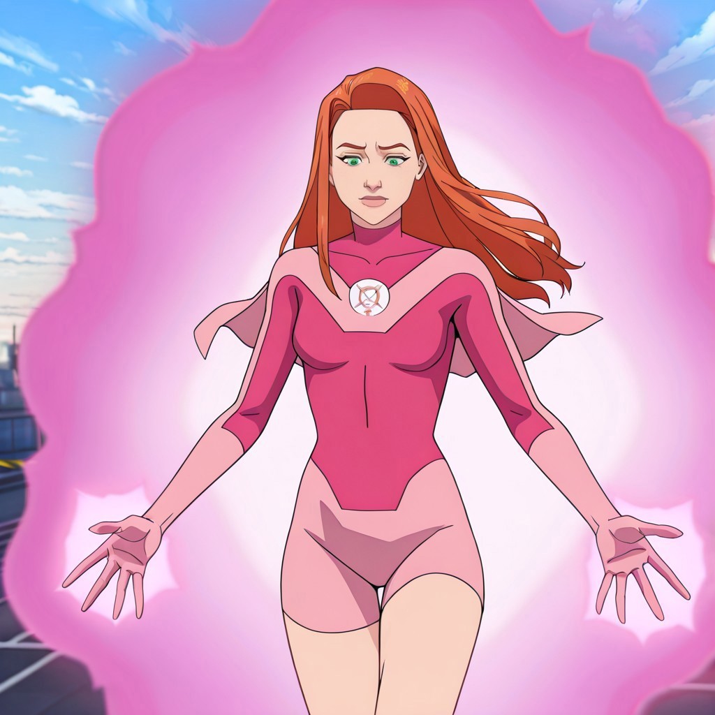 safe_pos, masterpiece, best quality, newest, absurdres, highres, 1girl, AT0Meve-INVPACK-JustEve.V1.0, redhead, long hair, ginger, orange hair, green eyes, AT0Meve-INVPACK.V1.0-Superherooutfit, pink bodysuit, superhero, cape, short cape, leotard, gloves, knee boots, pink footwear boots, AT0Meve-powers, magic, pink magic,