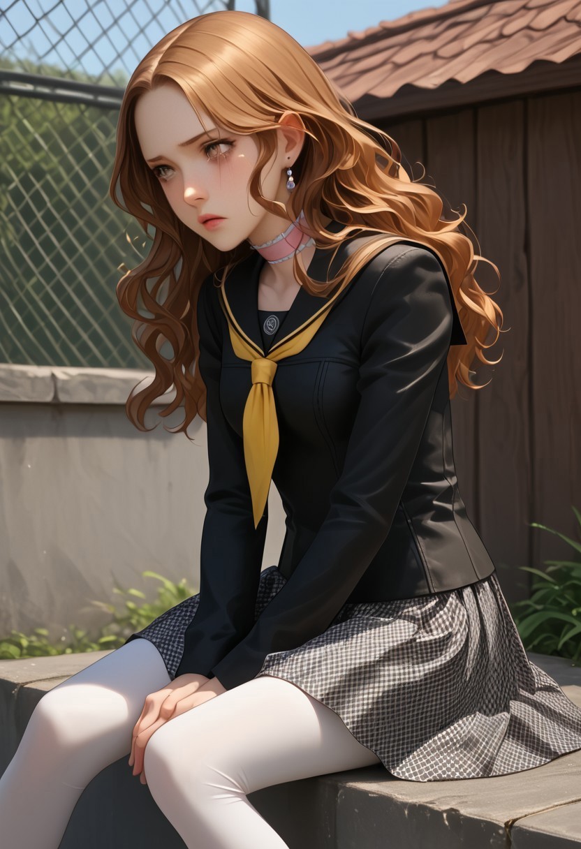 score_9, score_8_up,score_7_up,score_6_up, score_5_up, zPDXL3, ultra realistic masterpiece, best quality, huge filesize, wallpaper, amazing, high detail, ultra-detailed, extremely detailed 8k wallpaper, expressiveh, 

aip4, brown hair, long hair, messy hair, earrings, choker, black serafuku, grey skirt, pantyhose,

Hand, detailed, perfect hands, perfection,

Sitting on a rooftop, rural, knees pulled up to chest, crying, chain link fence, 
