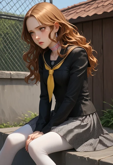score_9, score_8_up,score_7_up,score_6_up, score_5_up, zPDXL3, ultra realistic masterpiece, best quality, huge filesize, wallpaper, amazing, high detail, ultra-detailed, extremely detailed 8k wallpaper, expressiveh,
aip4, brown hair, long hair, messy hair, earrings, choker, black serafuku, grey skirt, pantyhose,
Hand, detailed, perfect hands, perfection,
Sitting on a rooftop, rural, knees pulled up to chest, crying, chain link fence,