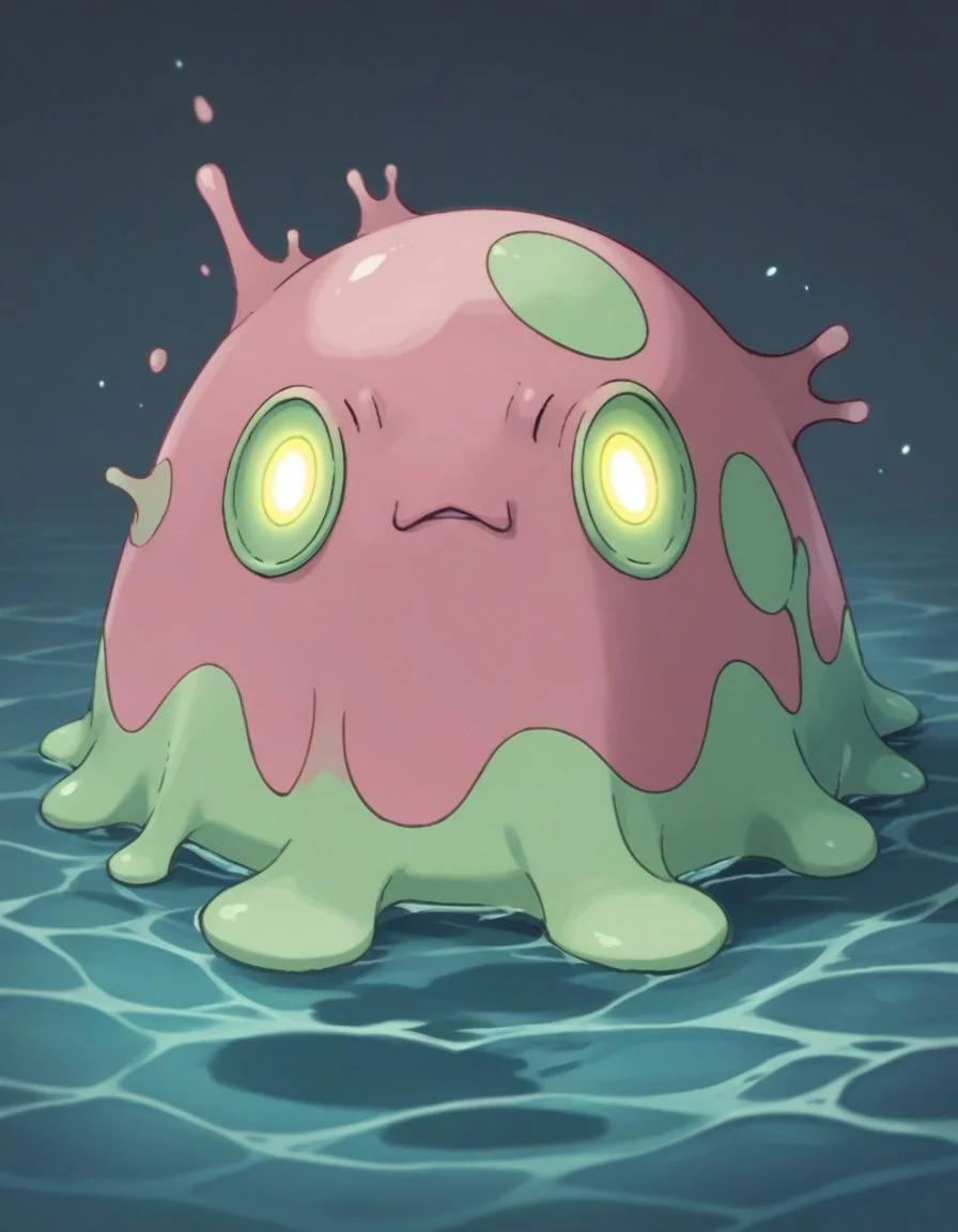 score_9,score_8_up,score_7_up, <lora:Navi_PokeDnaGen1_PonyXL_S1-000007:0.8> , nv-pokegen1, water-type, slime , glowing eyes,