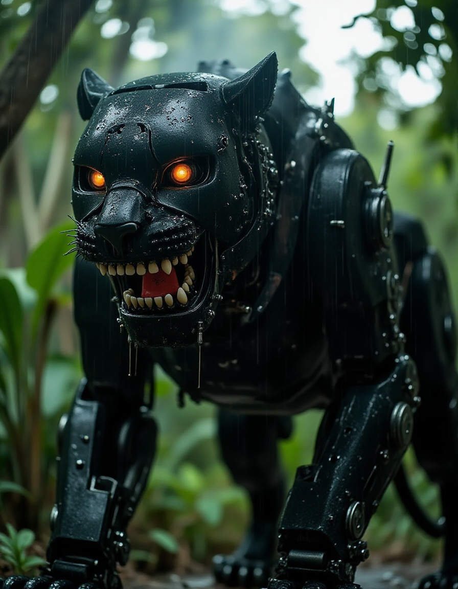 A massive robotic tiger prowls through a dense rainforest, its sleek obsidian-black frame shimmering under a torrential downpour. Droplets streak down its metal fur, pooling around the joints of its razor-sharp limbs. When it growls, its jaw opens to reveal ral-rbotth, unnervingly lifelike teeth that glisten with water, their human-like imperfections jarring against the otherwise perfect mechanical design. The sound of thunder blends with the hiss of steam escaping its vents, creating an atmosphere of primal dread.
 <lora:ral-rbotth-flux_000003000:1>