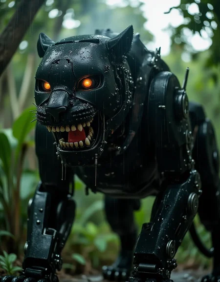 A massive robotic tiger prowls through a dense rainforest, its sleek obsidian-black frame shimmering under a torrential downpour. Droplets streak down its metal fur, pooling around the joints of its razor-sharp limbs. When it growls, its jaw opens to reveal ral-rbotth, unnervingly lifelike teeth that glisten with water, their human-like imperfections jarring against the otherwise perfect mechanical design. The sound of thunder blends with the hiss of steam escaping its vents, creating an atmosphere of primal dread.
<lora:ral-rbotth-flux_000003000:1>