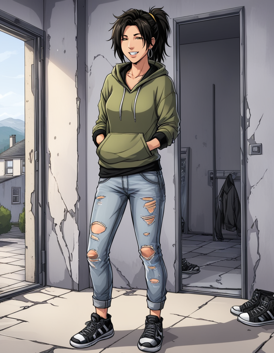 1girl,sarahfisher, <lora:SarahFisherSCXL:0.75>,standing,happy,:d,ponytail,hoodie,jeans,torn pants,sneakers,in Scottish house,concrete,black hair