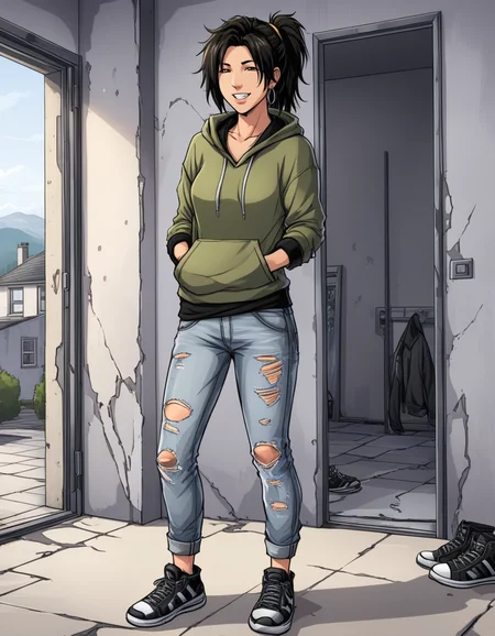1girl,sarahfisher, <lora:SarahFisherSCXL:0.75>,standing,happy,:d,ponytail,hoodie,jeans,torn pants,sneakers,in Scottish house,concrete,black hair