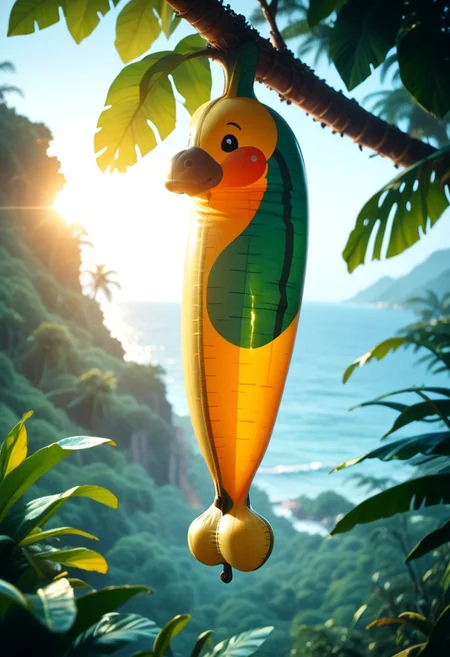 score_9, score_8_up, score_7_up, score_6_up, a single beautiful shiny plump inflatable latex banana hanging from a banana tree branch, air nozzle, visible seam, dynamic lighting, colourful soft lighting, outdoors, sunny, tropical landscape,