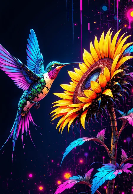A fantastic art splash in the style bo-cyborgsplash, A robotic hummingbird hovering near a cybernetic sunflowers, drawing energy from its neon petals, electric sparks in the air, glitch textures, vibrant color splash, futuristic laboratory, high-tech floral research.<lora:boFLUX Cyborgsplash.safetensors:1.0:1.0>