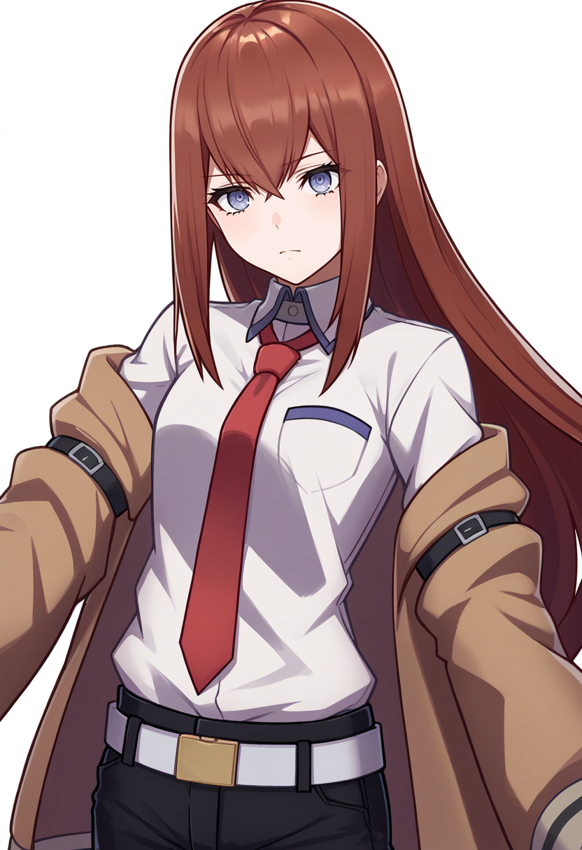 score_9, score_8_up, score_7_up, source_anime BREAK 1girl, solo,
<lora:zs_EngagePortraitsXL:1> engageportraits, portrait, white background
 <lora:steinsgate_makise_ponyXL:0.8> makise kurisu, brown jacket, off shoulder, white shirt, red necktie, black shorts, pantyhose, legwear under shorts, white belt, plain background