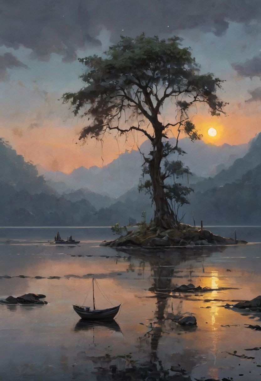 Under the serene light of a crescent moon, a fishing ship gently floats on a calm sea, its silhouette dark against the night sky. The waters are tranquil, reflecting the soft glow of the moon. In the distance, an island looms with a single, massive tree dominating the landscape. The tree's branches stretch wide, casting intricate shadows on the ground below. The scene is depicted with rough, expressive oil painting strokes, adding texture and depth to the tranquil night. The overall ambiance is peaceful, with a touch of mystique. romantic impressionism, dream scenery art, beautiful oil matte painting, romantic, beautiful digital painting, romantic painting, dreamlike digital painting, colorful painting, thick brushstrokes characteristic, rough stroke, beautiful gorgeous digital art, style thomas kinkade, janek sedlar, jenny saville