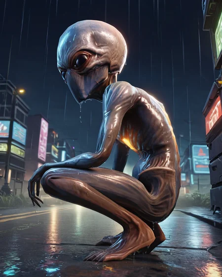score_9, score_8_up, score_7_up, rating_questionable, intricately detailed, science fiction setting,
<lora:Sectoid_XCOM:1>,
1boy(Secto1d, large black eyes, side view, full body, squatting, wet, wet skin, looking at viewer, solo), low angle view, rain, wet street, wet, science fiction city, futuristic buildings, on a road, at night, darkness, rainfall, dark theme,
<lora:ral-chrosc-clr:0.5>, ral-chrosc-clr,
<lora:Expressive_H:0.5>, expessiveH,
<lora:xl_more_art-full_v1:0.3>,
<lora:add-detail-xl:0.3>