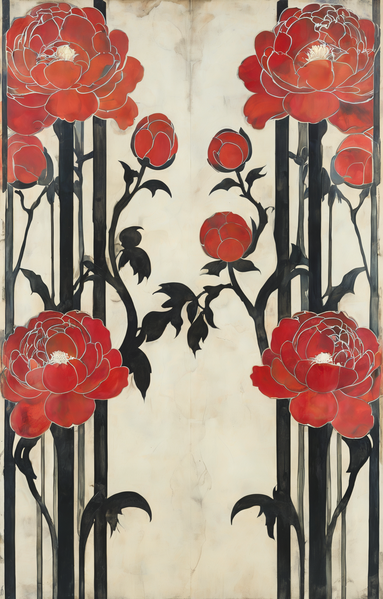 masterpiece,best quality,<lora:tbh269-sdxl:0.9>,illustration,style of Koloman Moser, decaying peonies