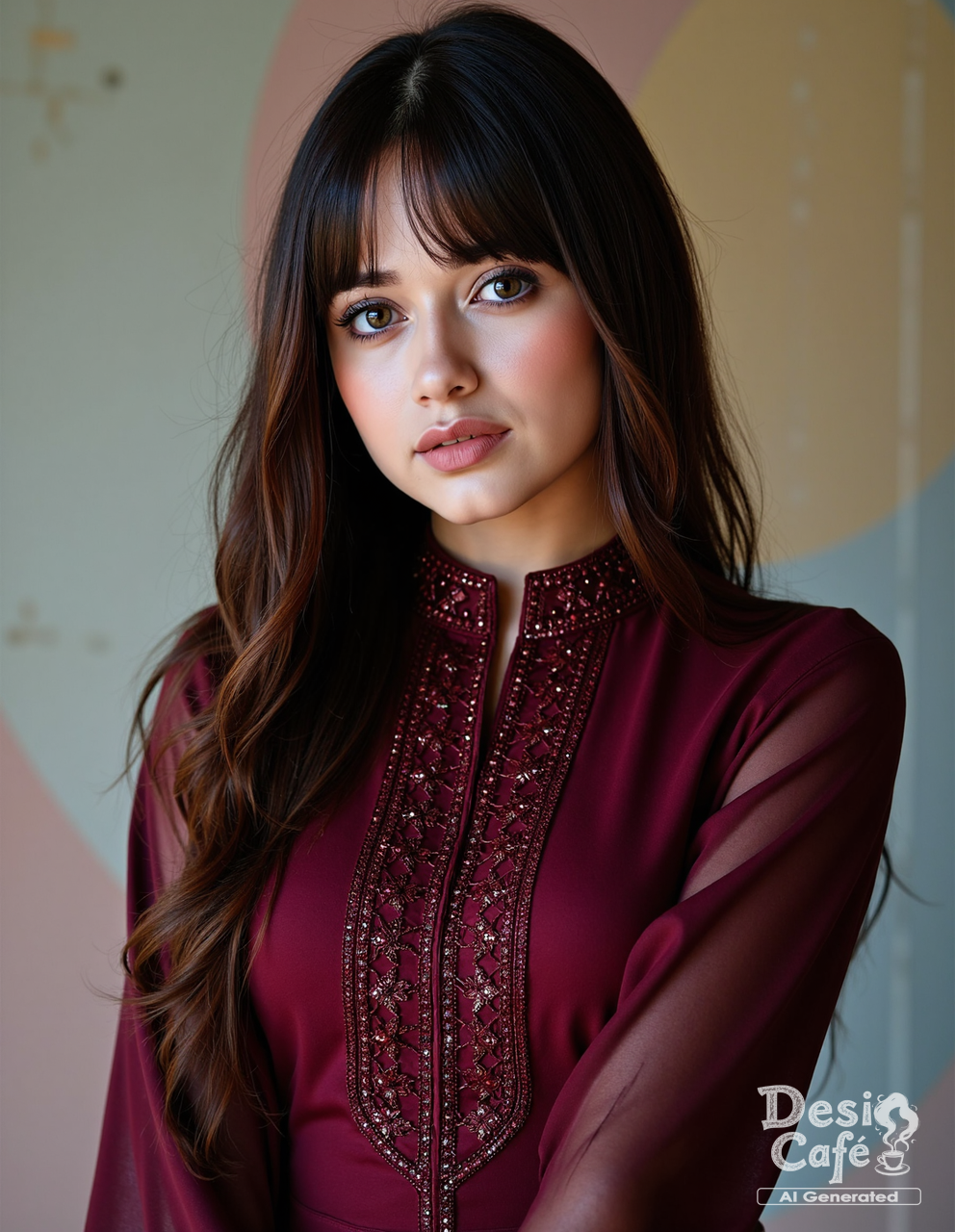 black and white photo of j4nn4t zub41r woman, hyper realistic photo that is safe for work,  studio quality image with natural colors, well dressed wearing intricate sleeveless Maroon Abaya Style Suit, hair styled as  bangs,muted pastel shaded multicolored background that contrasts with the person, cinematic lighting,âââââ    <lora:j4nn4t_zub41r_Jannat_Zubair_Flux_Kohya_V1:1>âââ