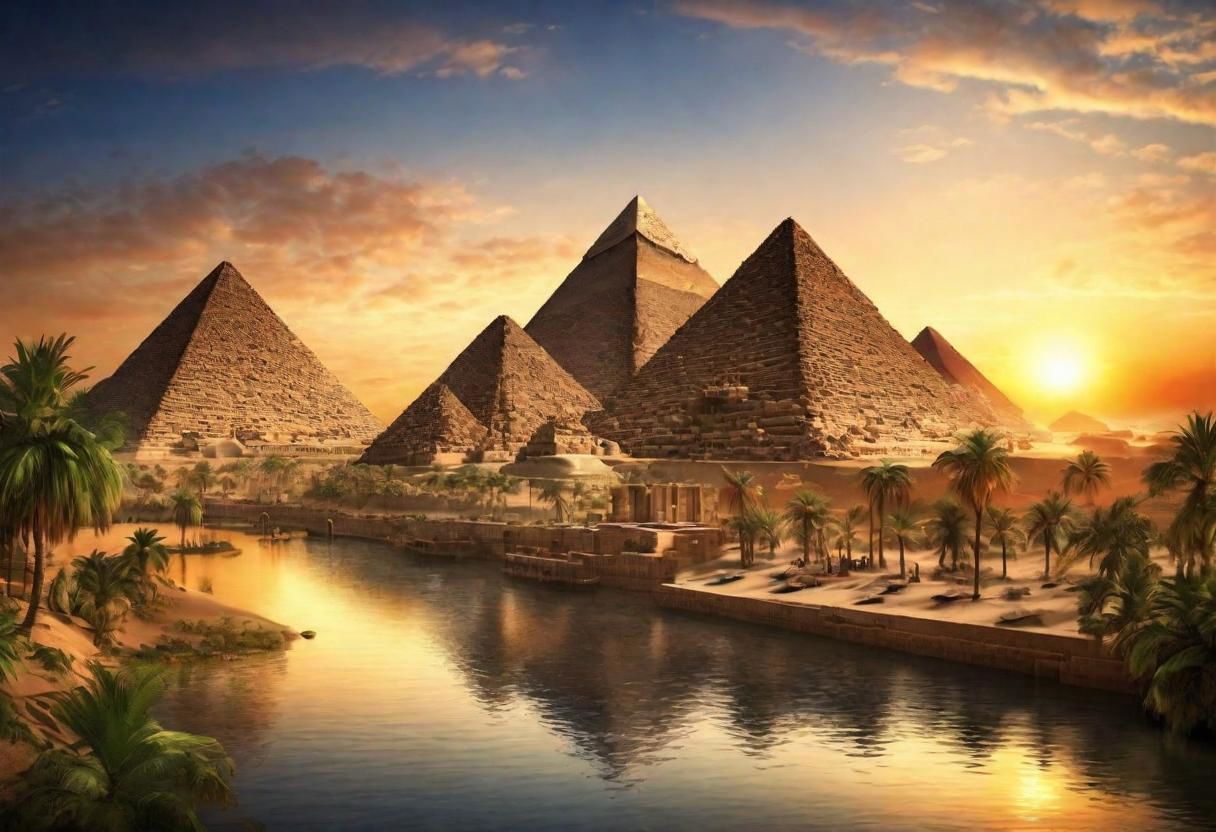 HDR,UHD,8K,Highly detailed,realistic,photo-realistic:1.37), pyramids near a river, photo, award winning.sunset