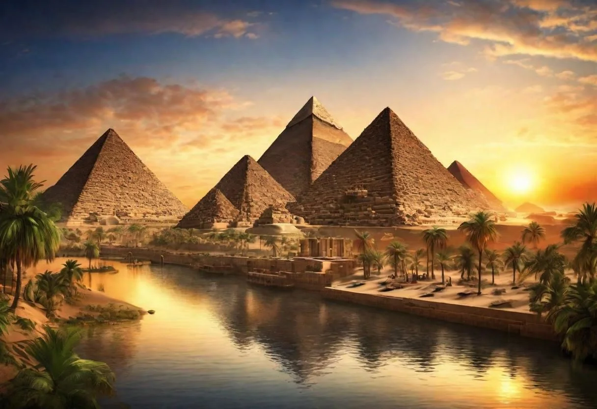 HDR,UHD,8K,Highly detailed,realistic,photo-realistic:1.37), pyramids near a river, photo, award winning.sunset