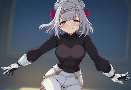 score_9, 1girl, noelle_(genshin_impact), solo, white pants, white gloves, smile, parted lips, looking at viewer, black and white outfit, black shirt, shirt tucked in, half-closed eyes, blush, dynamic pose, green eyes, black hair ribbon, 