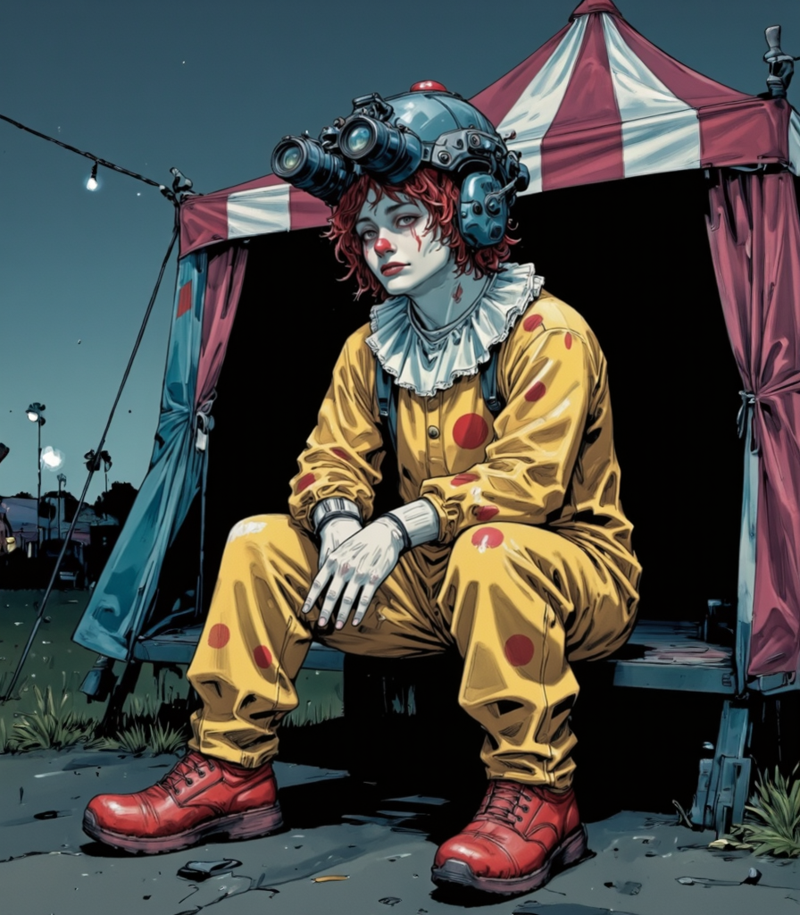 anime art of, A sad clown sitting outside a closed carnival tent, wearing n0ds on his head. The n0ds feature a protective headpiece in a matte black finish, equipped with a dual-tube optical device, with two forward-facing cylindrical lenses that subtly reflect the dim ambient light. His bright red curly clown wig spills out from under the headgear, framing his white-painted face adorned with exaggerated sad eyebrows, teardrop makeup, and a classic red ball nose. He sits with slumped shoulders and dejected body language, his oversized gloved hands resting on his knees. His brightly colored clown outfit includes a baggy yellow jumpsuit with large polka dots, a ruffled white collar, and comically large red clown shoes scuffed from wear. Behind him, the striped carnival tent is dark, with its entrance flaps tied shut, and a few unlit string lights hang limp overhead. The scene is quiet and somber, with the faint silhouettes of carnival rides visible in the foggy distance, adding a melancholic backdrop to the clownâs poignant figure., (bio ink:0.5), Colored JJK Manga Style<lora:n0ds_epoch_23.safetensors:1.0:1.0> <lora:BioInk2FLUX.safetensors:0.5:0.5> <lora:Jujutsu_Kasien_Colored_Manga-000001.safetensors:1:1>