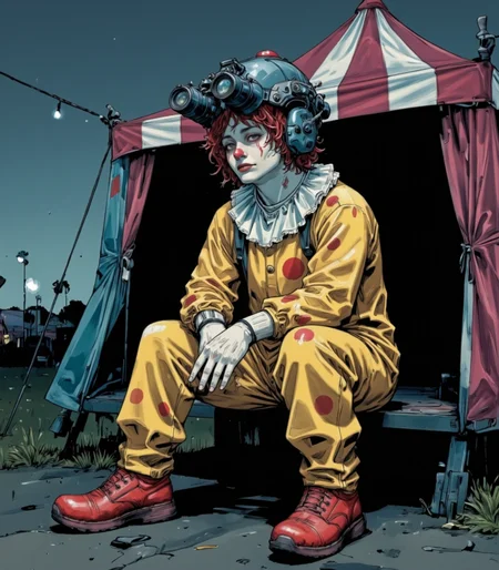 anime art of, A sad clown sitting outside a closed carnival tent, wearing n0ds on his head. The n0ds feature a protective headpiece in a matte black finish, equipped with a dual-tube optical device, with two forward-facing cylindrical lenses that subtly reflect the dim ambient light. His bright red curly clown wig spills out from under the headgear, framing his white-painted face adorned with exaggerated sad eyebrows, teardrop makeup, and a classic red ball nose. He sits with slumped shoulders and dejected body language, his oversized gloved hands resting on his knees. His brightly colored clown outfit includes a baggy yellow jumpsuit with large polka dots, a ruffled white collar, and comically large red clown shoes scuffed from wear. Behind him, the striped carnival tent is dark, with its entrance flaps tied shut, and a few unlit string lights hang limp overhead. The scene is quiet and somber, with the faint silhouettes of carnival rides visible in the foggy distance, adding a melancholic backdrop to the clownâs poignant figure., (bio ink:0.5), Colored JJK Manga Style<lora:n0ds_epoch_23.safetensors:1.0:1.0> <lora:BioInk2FLUX.safetensors:0.5:0.5> <lora:Jujutsu_Kasien_Colored_Manga-000001.safetensors:1:1>
