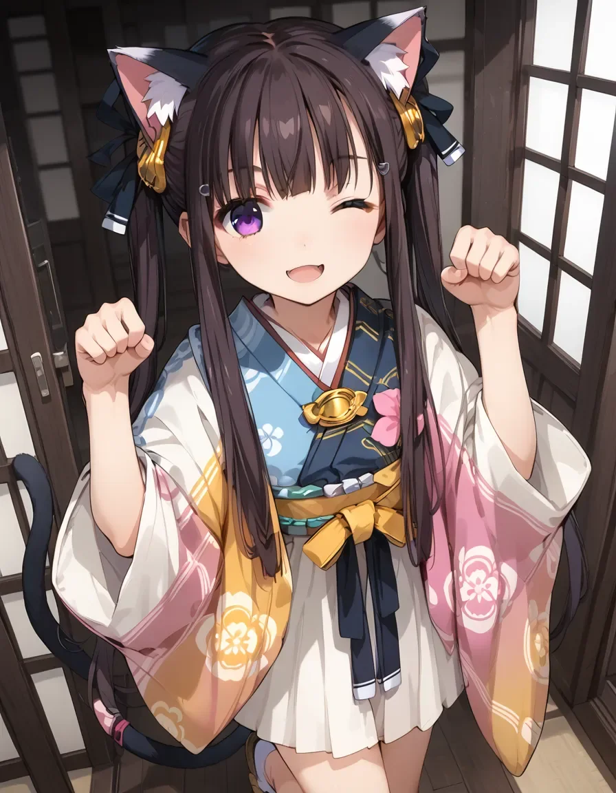 score_9, score_8_up, score_7_up, score_6_up, score_5_up, score_4_up, source_anime,1girl,brown hair,long hair,twintails,purple eyes ,standing,cowboy shot,kimno,japanese clothes,pink miniskirt,smile,cute girl,looking at viewer, paw pose,arms up,<lora:Kouhime_pony_V1.8:0.8>,open mouth,one leg up, one eye closed, dutch angle, from above,pov,cat ears, cat tail, solo