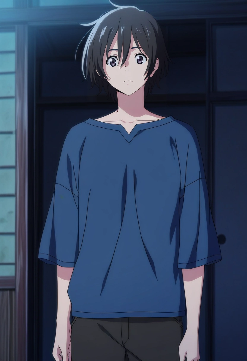 masterpiece, best quality, anime screencap, official style, anime coloring, cowboy shot, 1boy, solo, male focus, <lora:mio_chibana_ilxl:0.96>, mio_chibana, black hair, black eyes, short hair, hair between eyes, , , ,