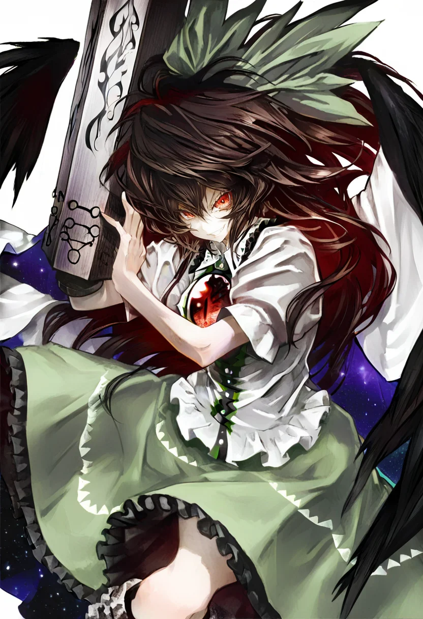 1girl, solo, reiuji utsuho, weapon, wings, long hair, red eyes, skirt, green skirt, bow, hair bow, arm cannon, green bow, third eye, smile, cape, grin, shirt, brown hair, short sleeves, black wings, looking at viewer, black hair, frilled skirt, puffy sleeves, frills <lora:banpaiAkiraOSXL_NBVP1_lokr_V6311P:0.95>