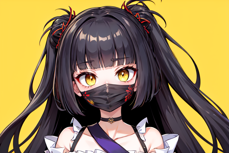 highly insanely detailed, masterpiece, top quality, best quality, highres, 4k, 8k, RAW photo, (very aesthetic, beautiful and aesthetic),  
(rsef style,fevercell style), 
<lora:rsef-000225:0.5>, 
(1girl:1.3), 
1other, 
 ruffle trim skor, voile one-shoulder top,   ,,samurai face mask , 
, 
very long hair,Wavy Side Bangs hair,blunt bangs,swept bangs,Messy Side Swept Hair,voluminous_look,updo hair,loose hair strand,leaf hair, 
, 
(pure yellow background,transparent background:1.2), 
,âââ