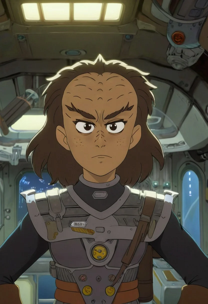 Studio Ghibli Style anime scene of an 18 year old female kling0n alien warrior, forehead ridges, light brown skin, nose ridges, large eyebrows, space station background, cleavage, leather armor