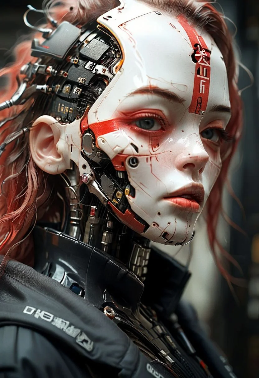 mechanical parts, wires, cables, cyberpunk, closeup portrait of a woman with a half robot face, pastel red/white colored, assassinkahb style, closeup photo of an wired-cyborg assassin with half robot face wearing a black high collar hooded parka with technical macro writing resembling an qr-code//bar-code on the back, solo, woman, high collar parka, upper body,, female focus, long hair in wind, weapon, clothes writing, japanese flag, crepuscular rays, volumetric lighting, ultra detailed, deep Blacks, very detailed, atmospheric haze, Film grain, cinematic film still, shallow depth of field, highly detailed, high budget, cinemascope, moody, epic, OverallDetail, 2000s vintage RAW photo, photorealistic, candid camera, color graded cinematic, eye catchlights, atmospheric lighting, imperfections, natural, shallow dof