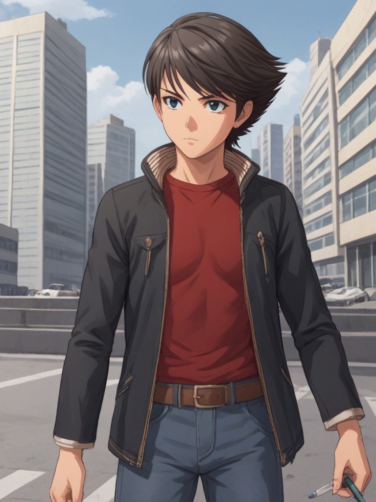 1boy, solo, ethantokiohollo, black hair, swept bangs, blue eyes, jacket, long sleeves, open jacket, popped collar, red shirt, long sleeves, brown belt, jeans, holding, pen, outdoors, city, serious, cowboy shot,