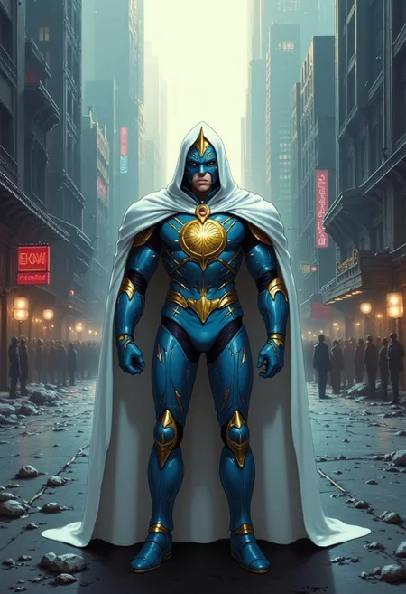 The hyper detail, armed supperhero, the moon knight Clark Kent SUPPERMAN with light blue, golden armor, the white cloak, the face mask, golden S emblem on chest, detail decoration. standing on the street in dystopian mega city background at dawn. detail background, straight on angle shot, Full body shot, closed-up, ultra-realistic 32k resolution, official art styled digital painting, intricate armor engravings catching realistic lighting, film grain texture overlay, reversal film effect, high quality, detailed realistic background with scattered futuristic debris, shadowed craters, misty atmosphere, cinematic.