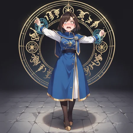 score_9, score_8_up, score_7_up, best quality, masterpiece, source_anime,  BREAK, scared, blush, arm up.  1girl, <lora:restrained_magic_circle:1>magic circle, restrained, full body, Alphys From Undertale, Source_Furry,