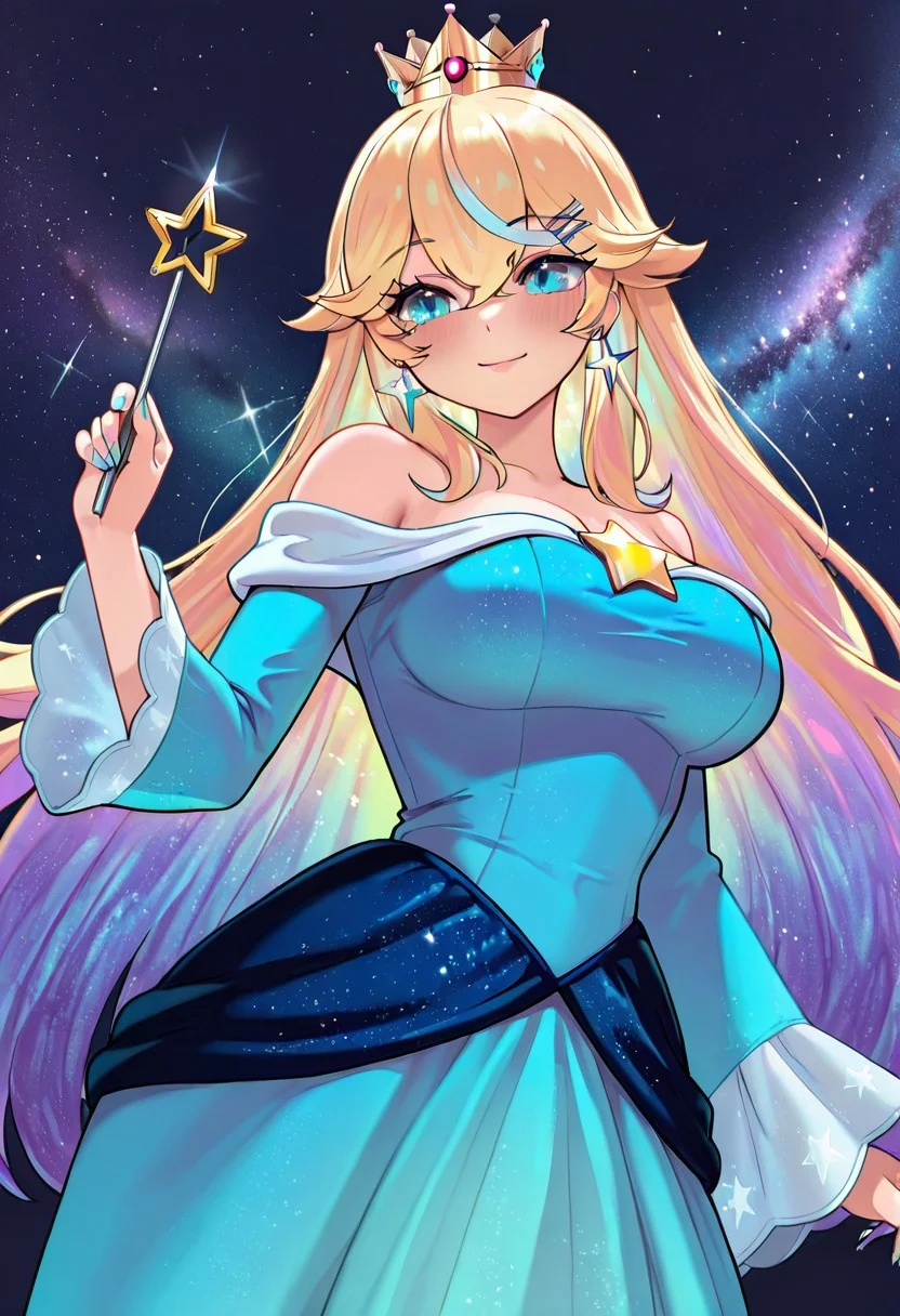 highres, hi res, best quality, masterpiece, intricate details, absurdres, 4k, 1girl, solo, Arielle_vt, Virtual youtuber, vtuber, rosalina (super mario) cosplay, cosplay, blue dress, crown, star wand, star earrings, blush, long hair, galaxy background,