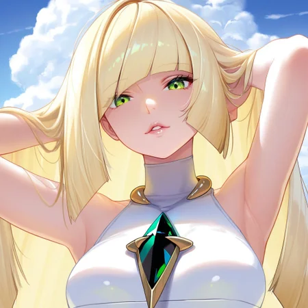 1girl, Lusamine, sky, blonde hair, long hair, very long hair, hair covering one eye, masterpiece, green eyes, detailed lips, glossy lips, soft lips, parted lips, looking at viewer, white dress, sleeveless dress, jewelry, gem necklace outdoors, arms behind head, adjusting hair, cloud, volumetric lighting, blue sky, portrait, upper body,